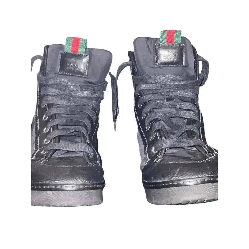 Gucci Men's High Top Sneakers Black Nylon Leather Size 11 US (10G) COA Auth